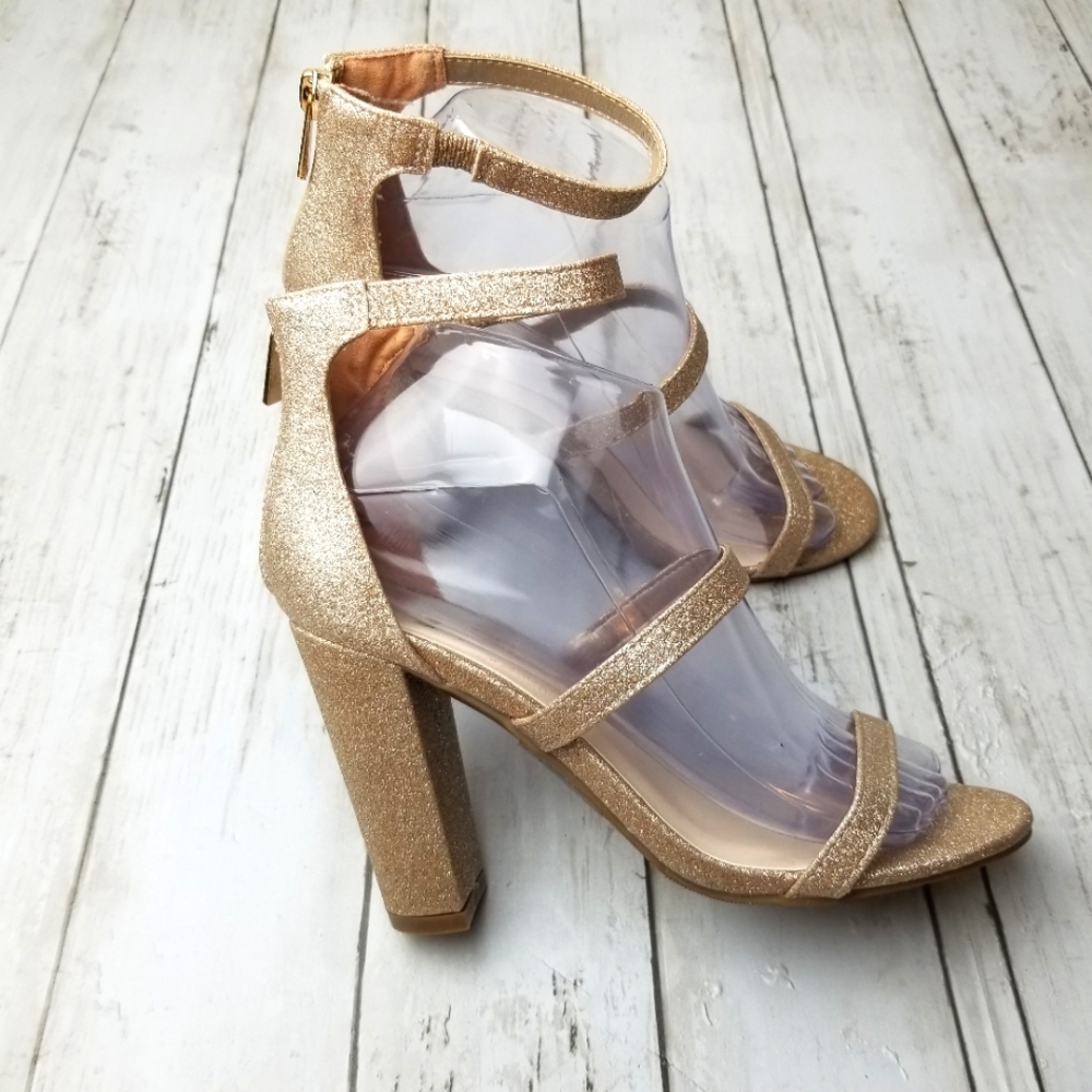 David's Bridal Callista Champagne Gold Glitter Open Toe Block Heel Sandal